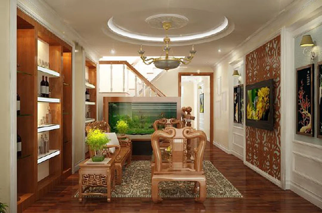 bể cá đẹp phòng khách cần chọn vị trí thoáng và dễ chăm sóc