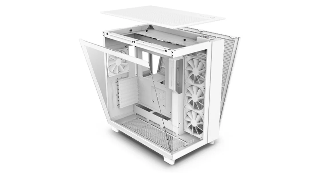 PC bể cá trắng với linh kiện và kính mặt trước trong suốt